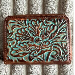 Hand Tooled Leather Accordion Card Wallet Turquoise Floral Western Zip Around